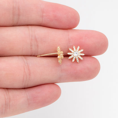 4pcs CZ Pave Gold Flower Ear Posts 10mm, Earring Findings, Jewelry Making, Diy Material, Jewelry Supplies (GB-3407)