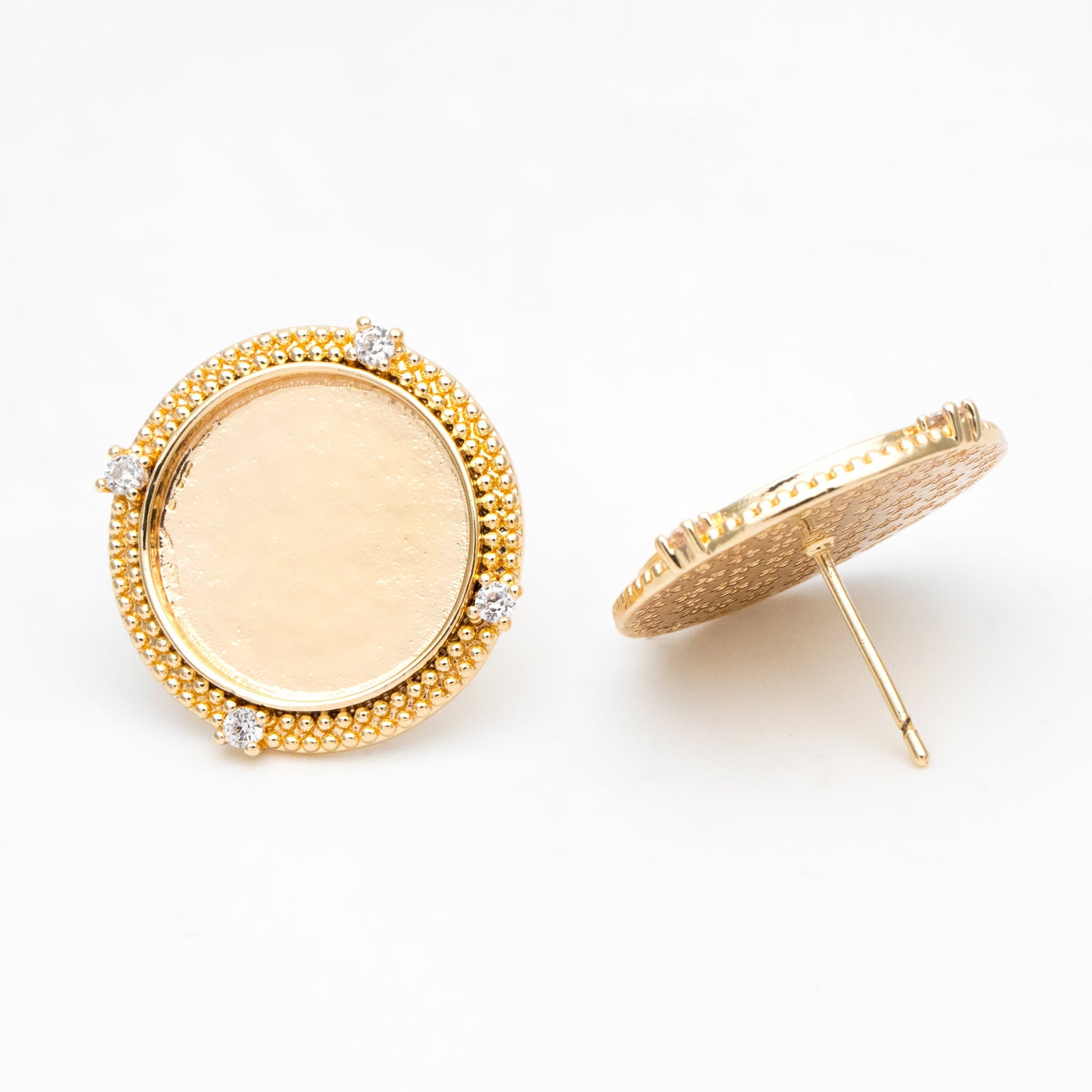 4pcs CZ Pave Gold Blank Base Tray Cabochon Earring Setting, Gold plated Brass Bezel Cabochon Ear Post (GB-3411)