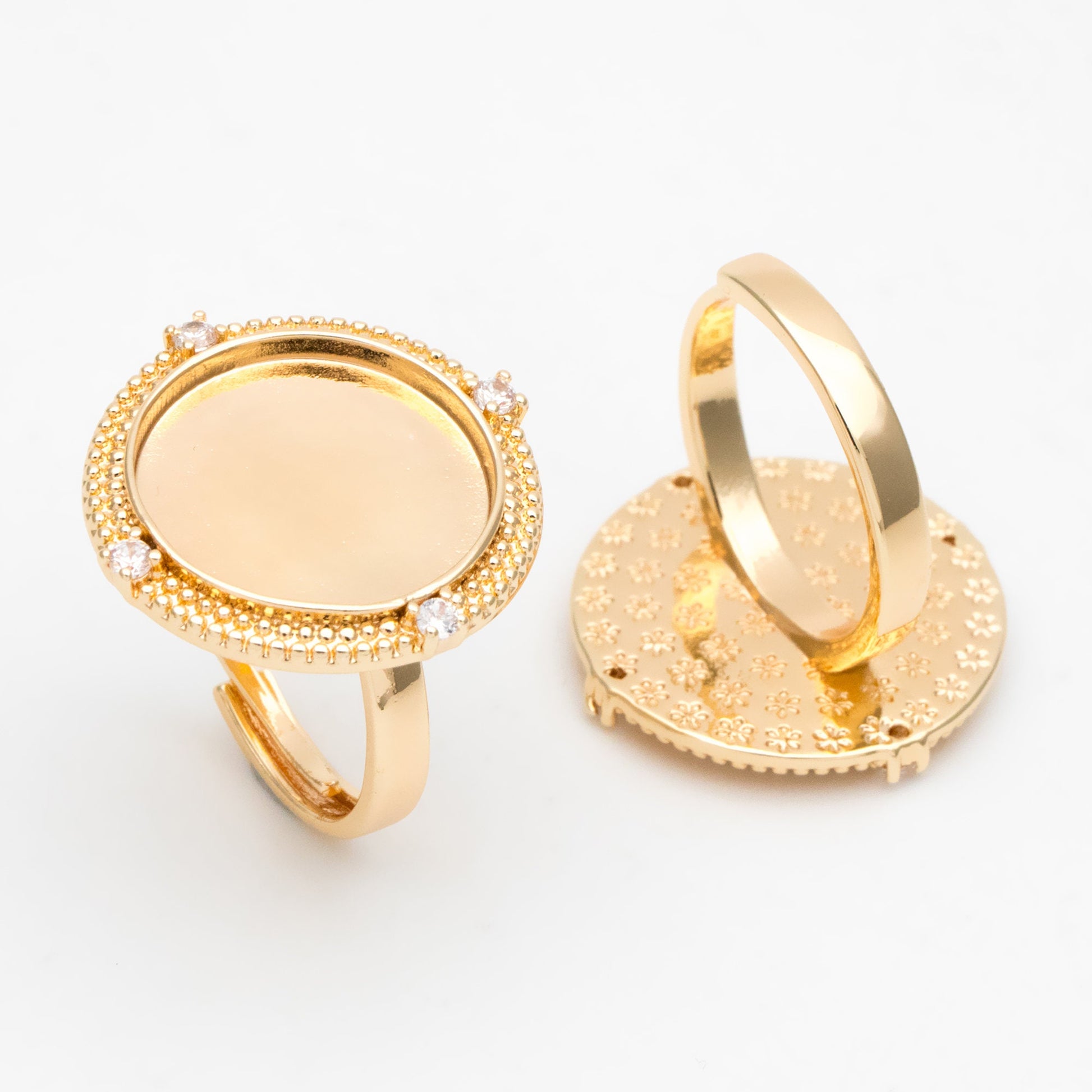 4pcs CZ Pave Gold Blank Base Tray Cabochon Ring Setting, Gold plated Brass Bezel Cabochon Adjustable Ring (#GB-3415)