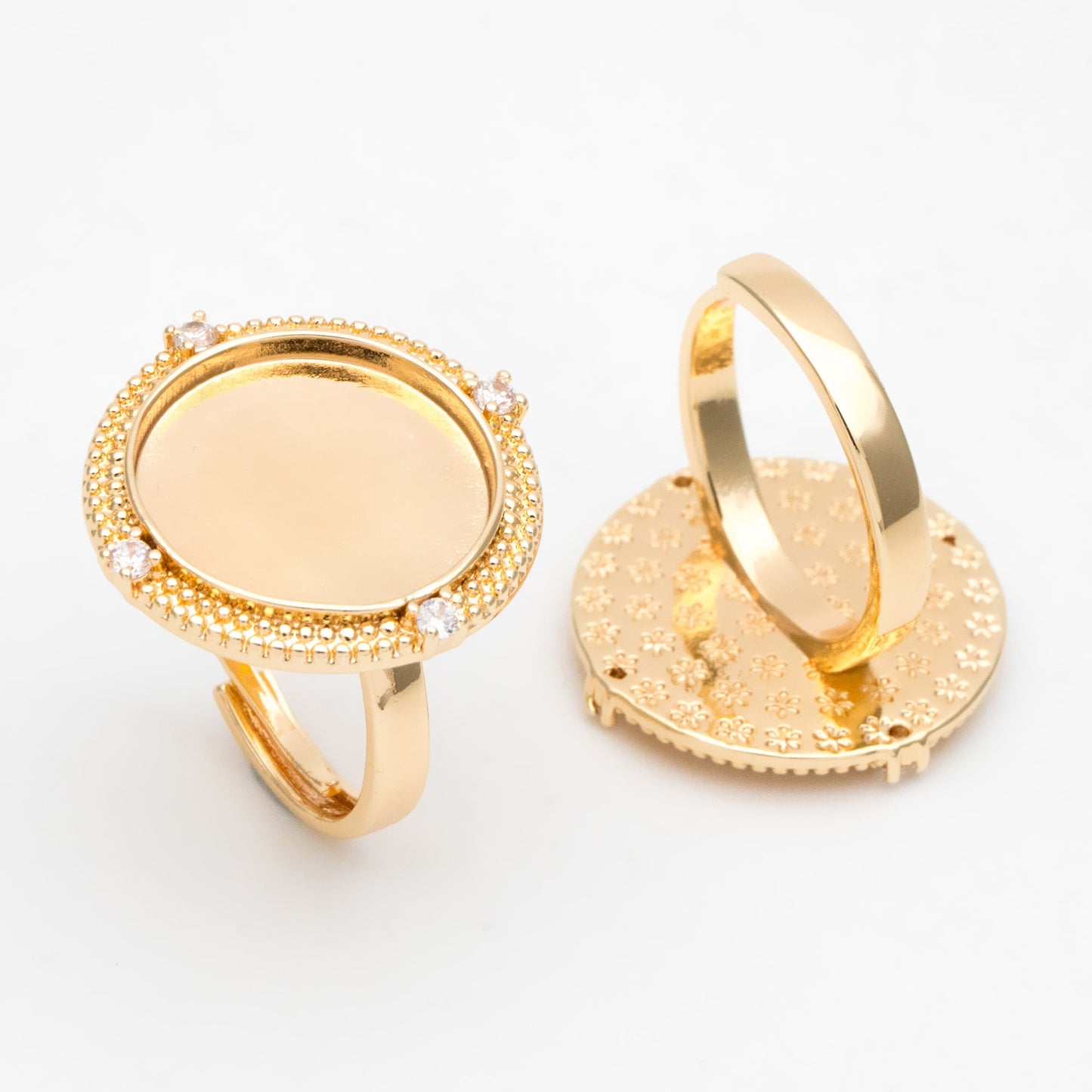 4pcs CZ Pave Gold Blank Base Tray Cabochon Ring Setting, Gold plated Brass Bezel Cabochon Adjustable Ring (#GB-3415)