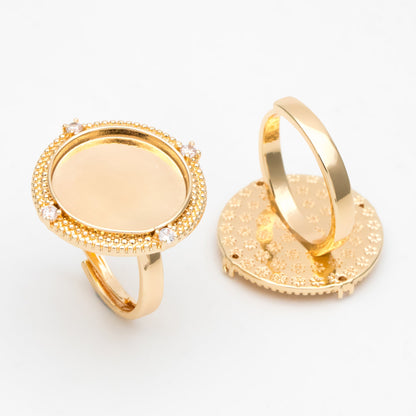 4pcs CZ Pave Gold Blank Base Tray Cabochon Ring Setting, Gold plated Brass Bezel Cabochon Adjustable Ring (#GB-3415)