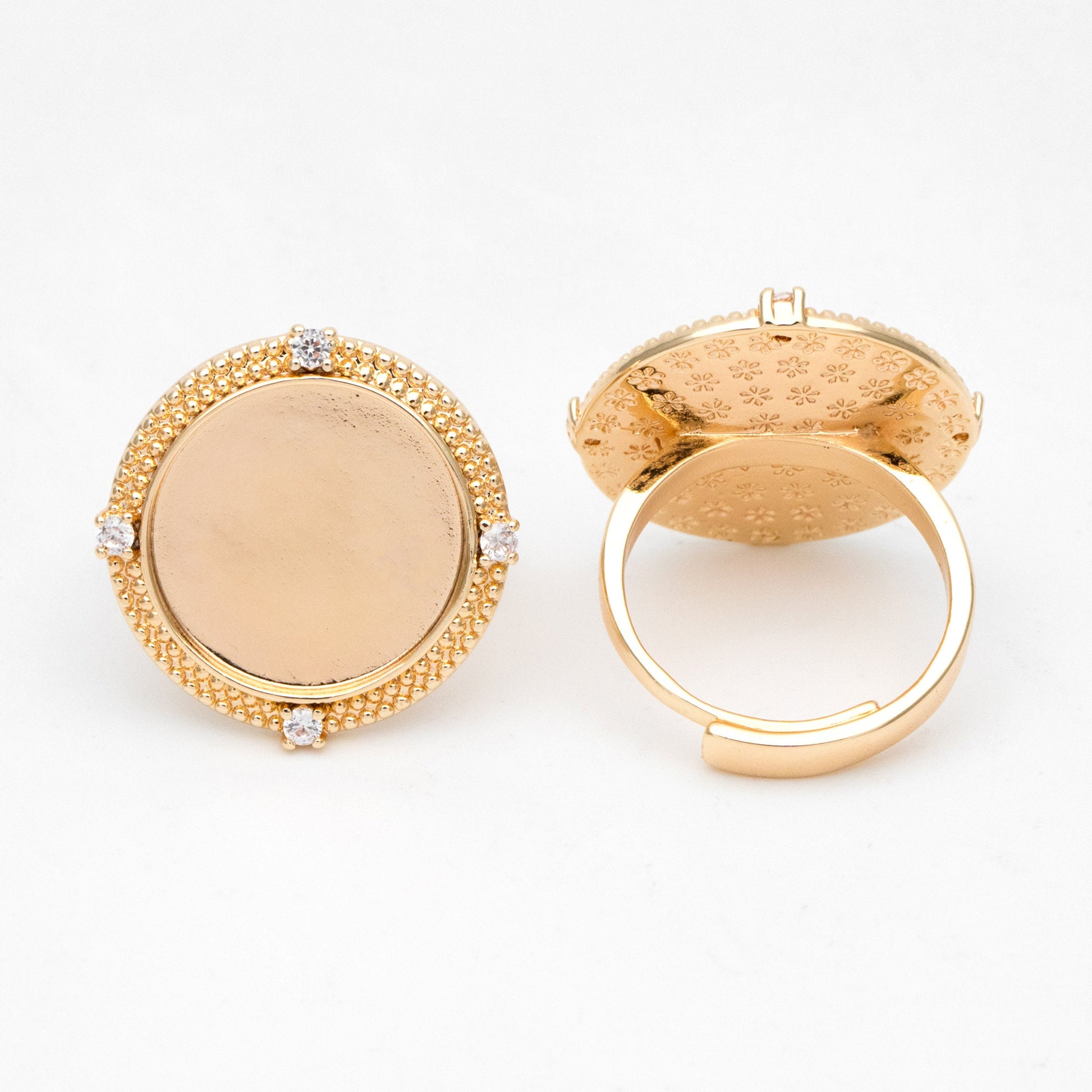 4pcs CZ Pave Gold Blank Base Tray Cabochon Ring Setting, Gold plated Brass Bezel Cabochon Adjustable Ring (#GB-3415)