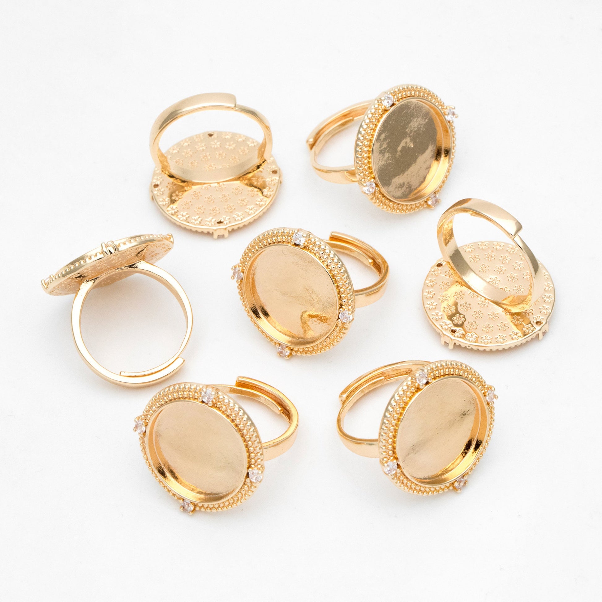 4pcs CZ Pave Gold Blank Base Tray Cabochon Ring Setting, Gold plated Brass Bezel Cabochon Adjustable Ring (#GB-3415)