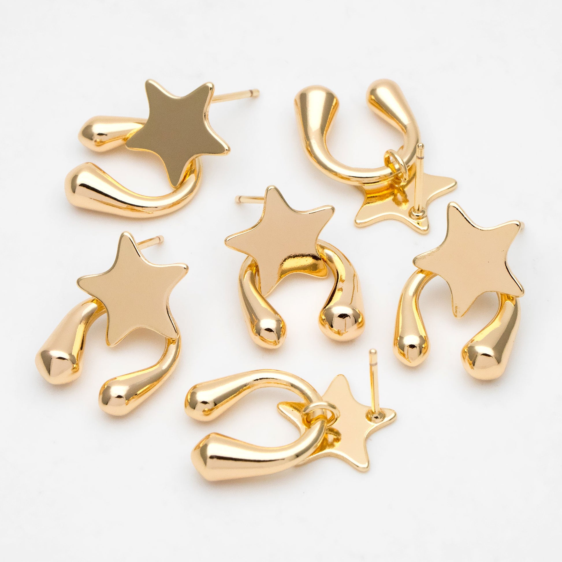 4pcs Gold Star Ear Posts, Real Gold Plated Brass, Star Stud Earrings (#GB-3348)