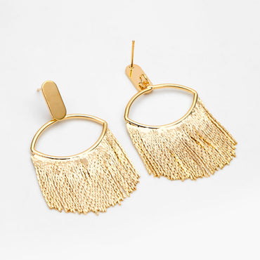 4pcs Gold Oval Hoop Tassel Ear Posts 52mm, 18K Gold plated Brass Dangling Stud Earring (GB-3351)