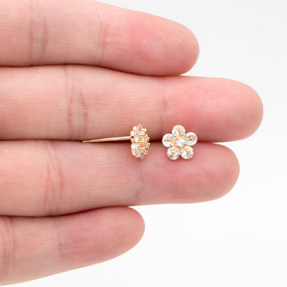 4pcs CZ Pave Gold Flower Ear Posts 8mm, Gold Plated Brass Stud Earrings (GB-3364)