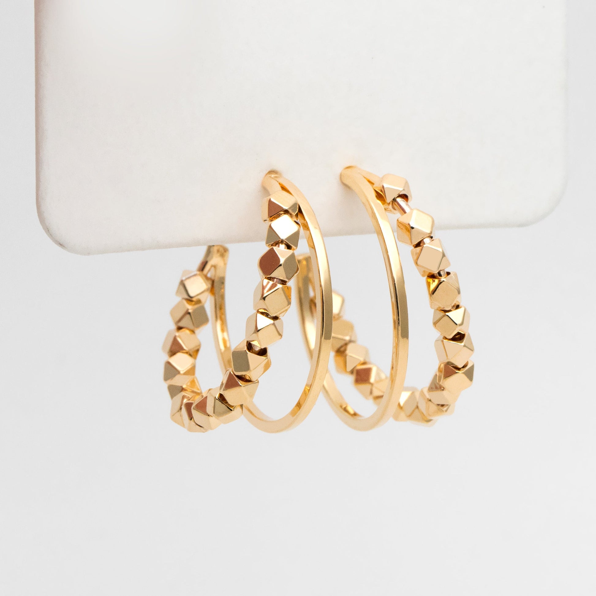 4pcs Gold Plated Beaded Hoop Earrings: Geometric Huggie Studs, 22mm/25mm (GB-3418)