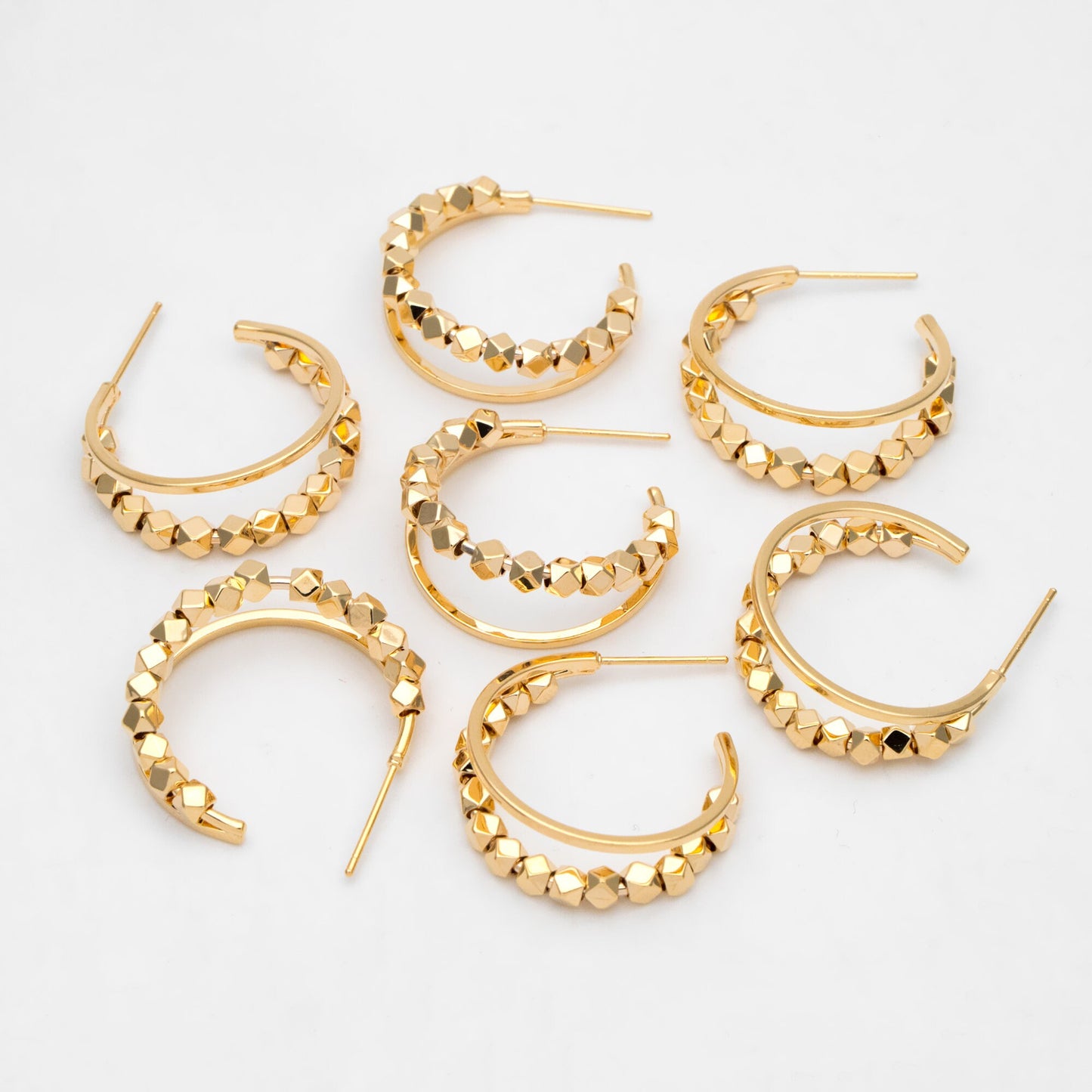 4pcs Gold Plated Beaded Hoop Earrings: Geometric Huggie Studs, 22mm/25mm (GB-3418)