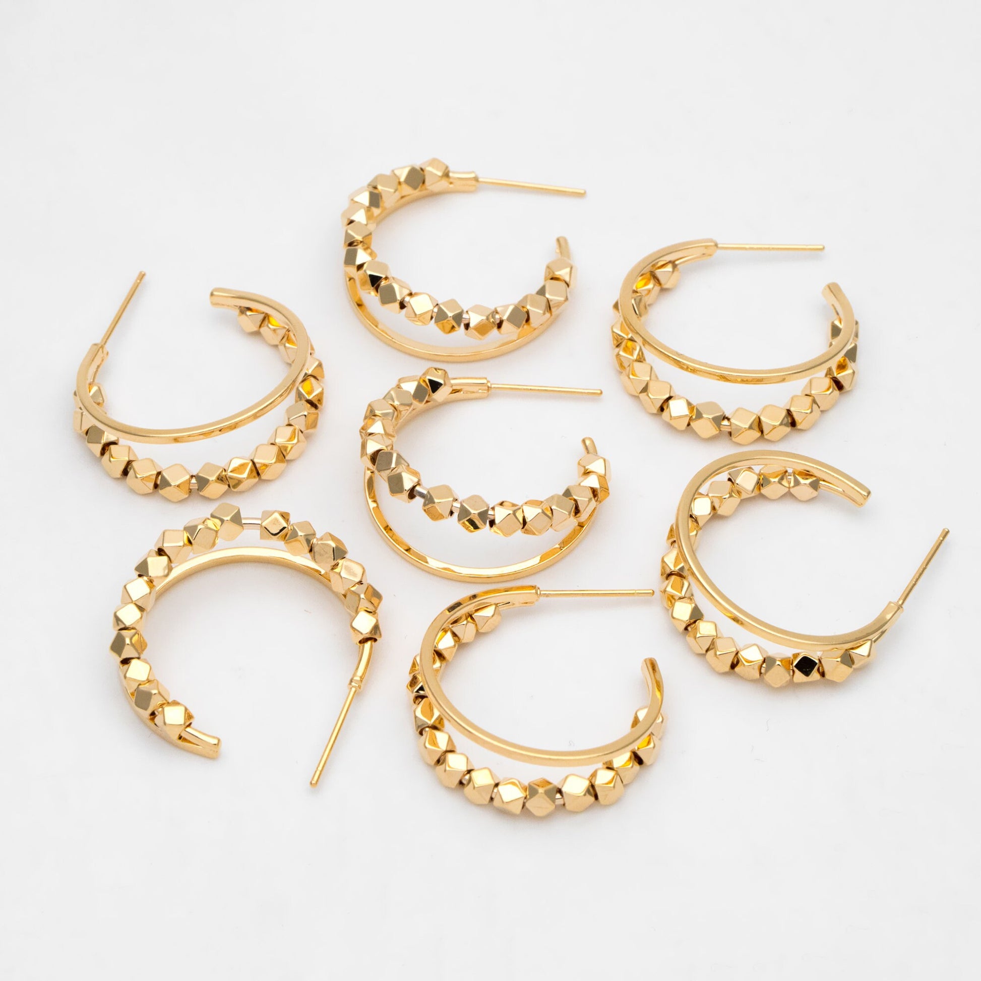 4pcs Gold Plated Beaded Hoop Earrings: Geometric Huggie Studs, 22mm/25mm (GB-3418)