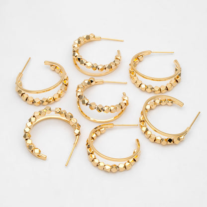4pcs Gold Plated Beaded Hoop Earrings: Geometric Huggie Studs, 22mm/25mm (GB-3418)