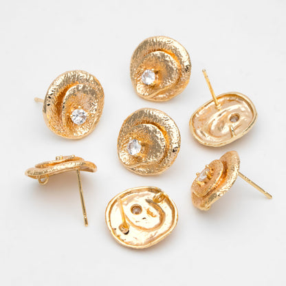 4pcs CZ Pave Gold Textured Round Earring with Loop, 14mm, 18K Gold plated Brass, Stud Earring Components (GB-3423)