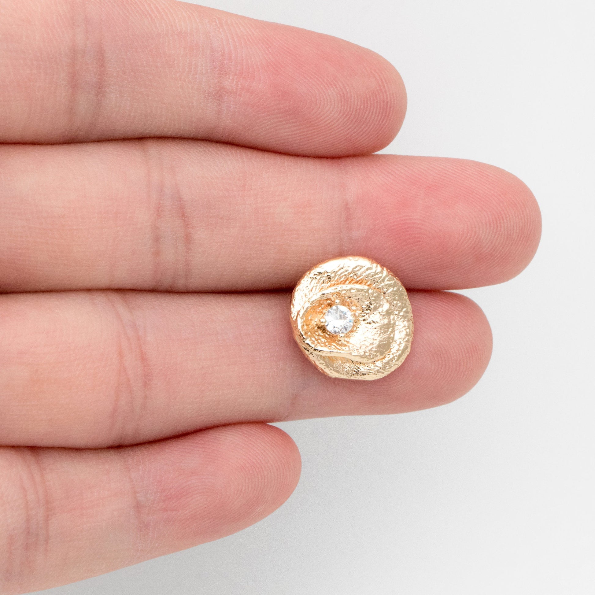 4pcs CZ Pave Gold Textured Round Earring with Loop, 14mm, 18K Gold plated Brass, Stud Earring Components (GB-3423)