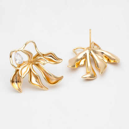 4pcs CZ Pave Leaf Earring, Flower Ear Posts, Dainty Earrings, Jewelry Making, Diy Material, Jewelry Supplies (GB-3425)