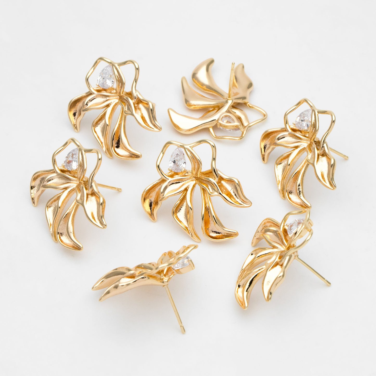 4pcs CZ Pave Leaf Earring, Flower Ear Posts, Dainty Earrings, Jewelry Making, Diy Material, Jewelry Supplies (GB-3425)