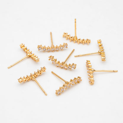 4pcs CZ Pave Gold Curved Bar Ear Posts, Real Gold Plated Brass Stick Stud Earrings (#GB-3369-G)