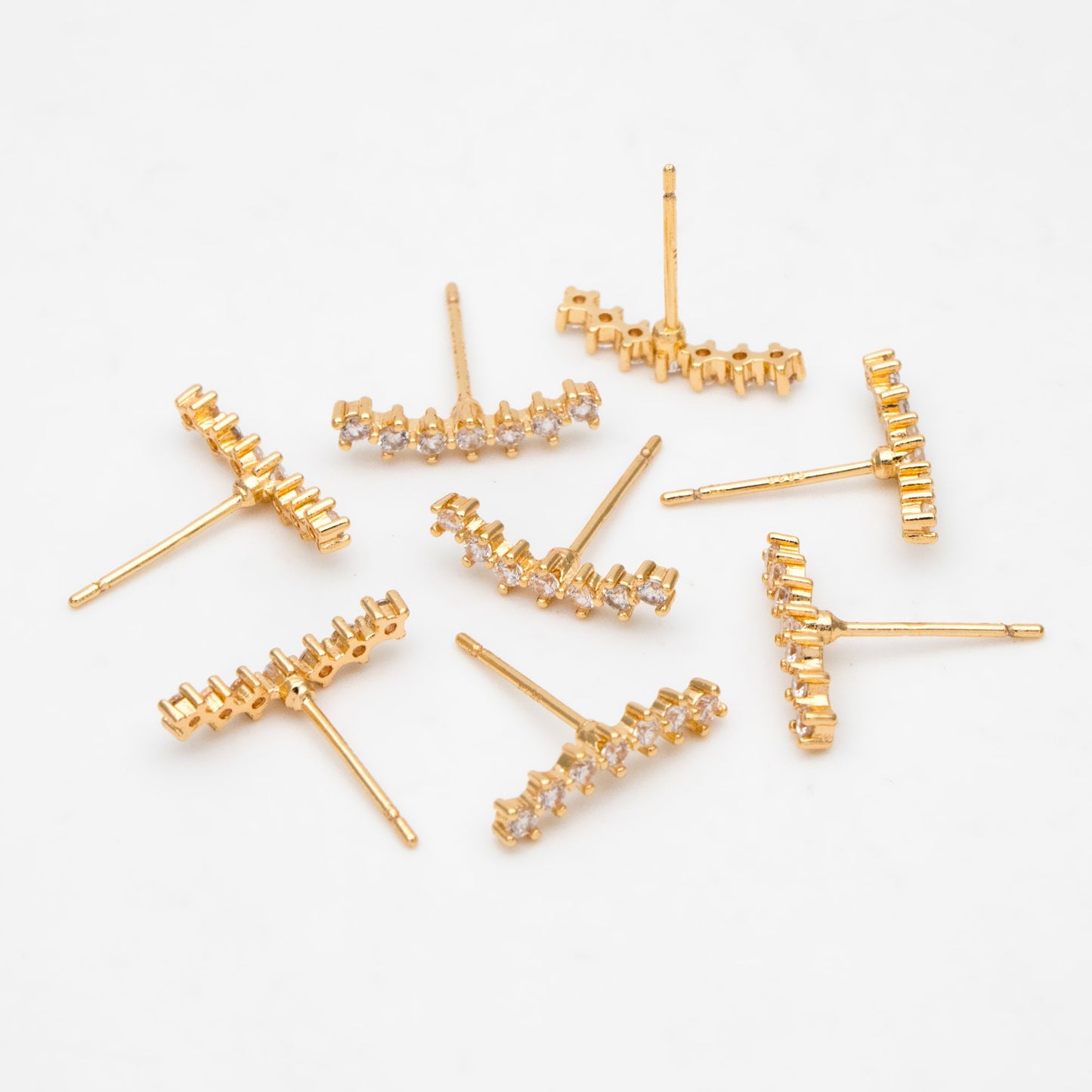 4pcs CZ Pave Gold Curved Bar Ear Posts, Real Gold Plated Brass Stick Stud Earrings (#GB-3353)