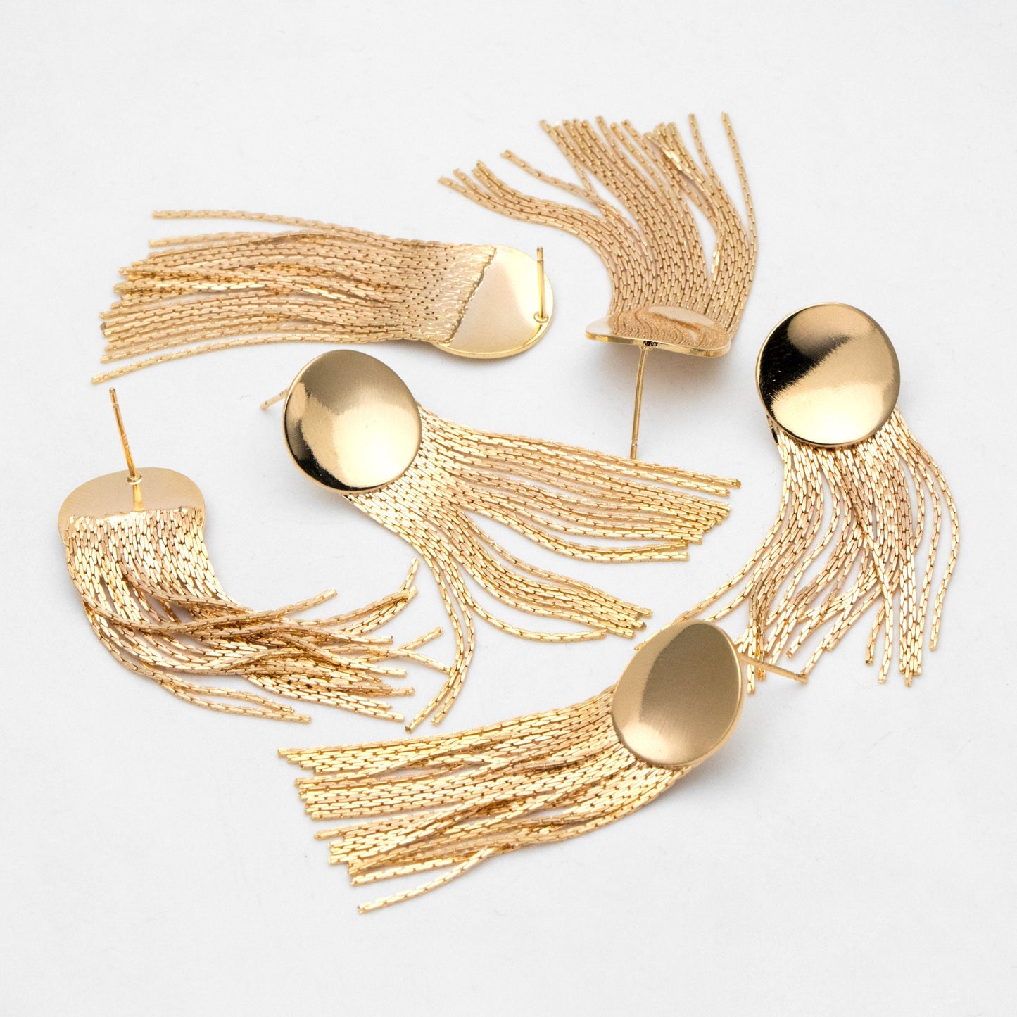 4pcs Gold Round Disc Tassel Ear Posts 48mm, 18K Gold plated Brass Dangling Stud Earring (GB-3356)