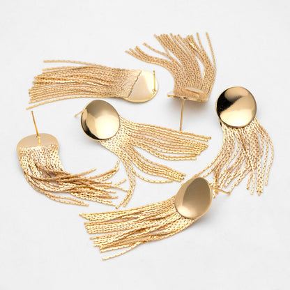 4pcs Gold Round Disc Tassel Ear Posts 48mm, 18K Gold plated Brass Dangling Stud Earring (GB-3356)