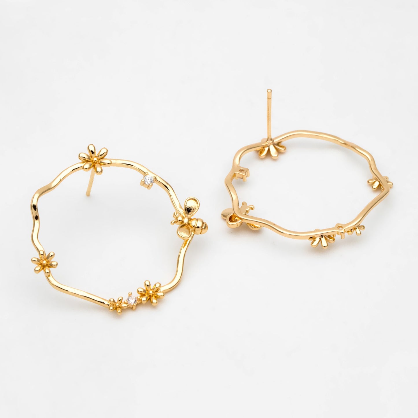 4pcs CZ Pave Garland and Bee Earring Posts 33mm, Real Gold Plated Brass Stud Earrings (GB-3357)