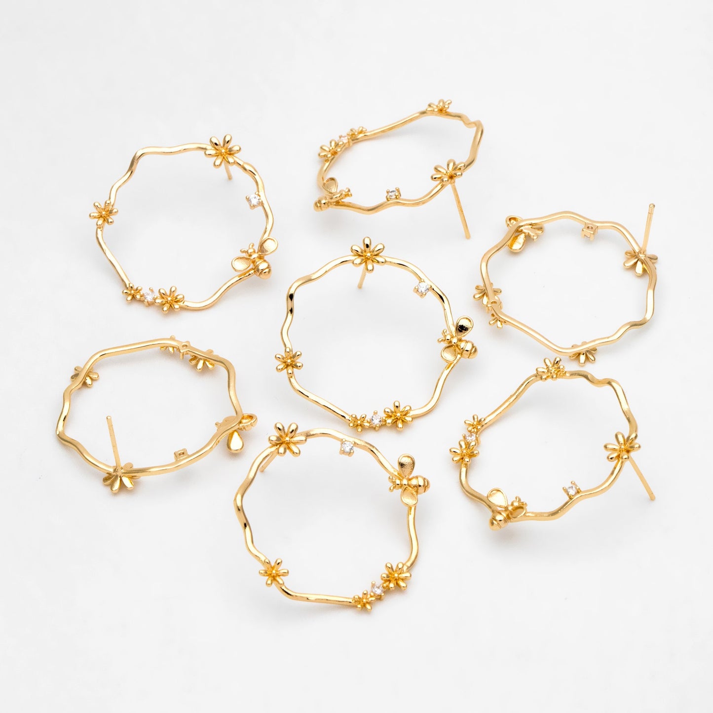 4pcs CZ Pave Garland and Bee Earring Posts 33mm, Real Gold Plated Brass Stud Earrings (GB-3357)