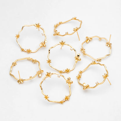 4pcs CZ Pave Garland and Bee Earring Posts 33mm, Real Gold Plated Brass Stud Earrings (GB-3357)