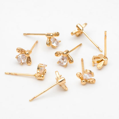 10pcs CZ Pave Gold Bee Earring Posts, Gold Plated Brass, Jewelry Supplies (GB-3361)