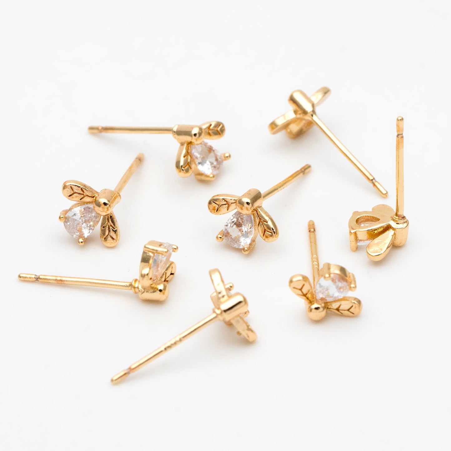 10pcs CZ Pave Gold Bee Earring Posts, Gold Plated Brass, Jewelry Supplies (GB-3361)