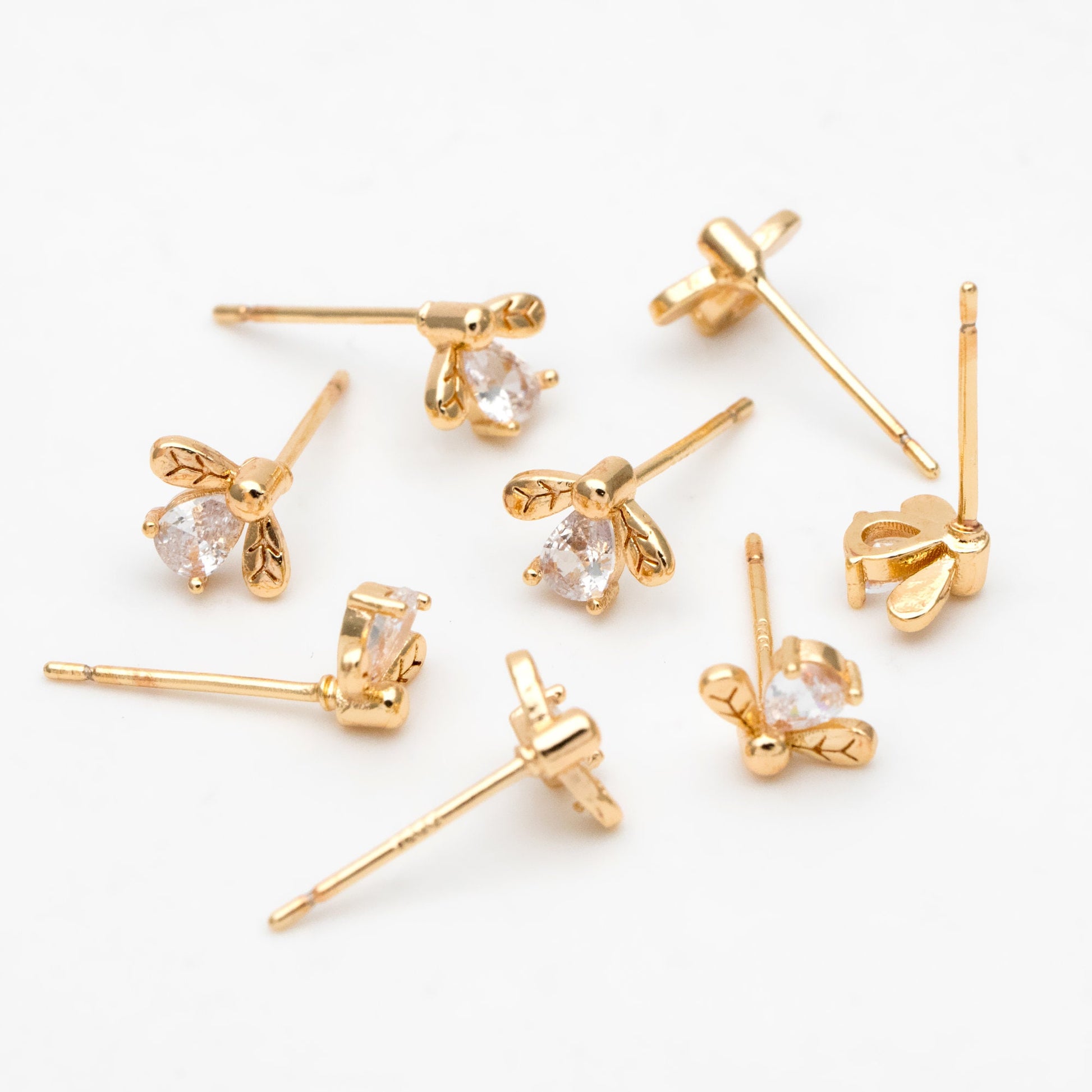 10pcs CZ Pave Gold Bee Earring Posts, Gold Plated Brass, Jewelry Supplies (GB-3361)