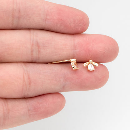 10pcs CZ Pave Gold Bee Earring Posts, Gold Plated Brass, Jewelry Supplies (GB-3896-B)