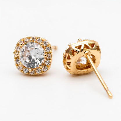 4pcs CZ Pave Round Ear Posts 7.5mm, Gold Plated Brass Stud Earrings (#GB-3363)