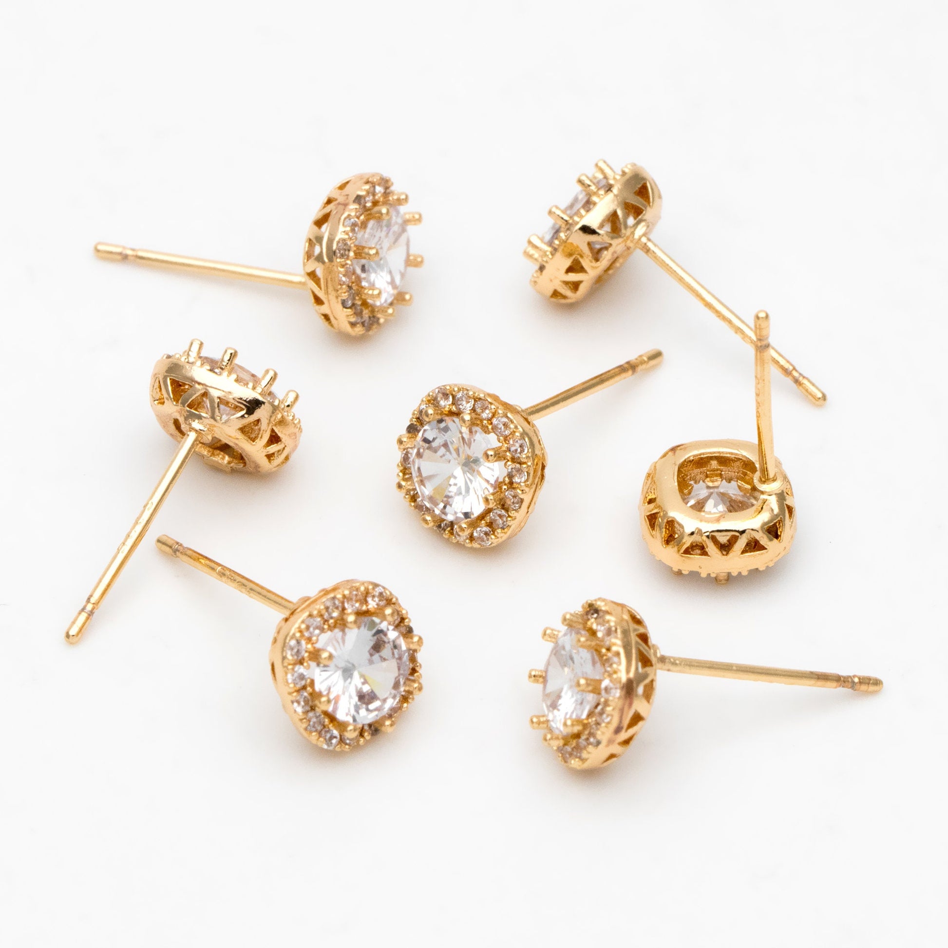 4pcs CZ Pave Round Ear Posts 7.5mm, Gold Plated Brass Stud Earrings (#GB-3363)