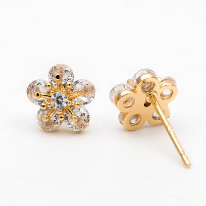 4pcs CZ Pave Gold Flower Ear Posts 8mm, Gold Plated Brass Stud Earrings (GB-3364)