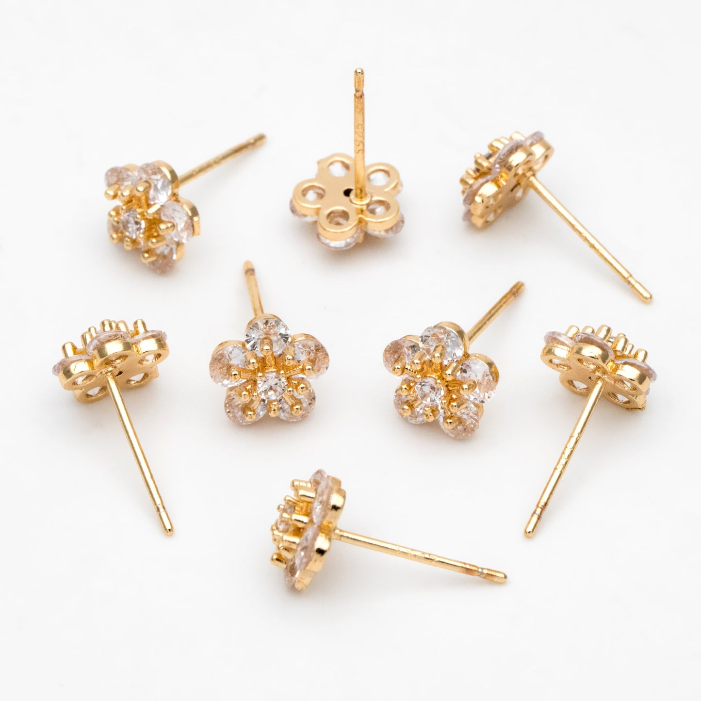 4pcs CZ Pave Gold Flower Ear Posts 8mm, Gold Plated Brass Stud Earrings (GB-3371-D)