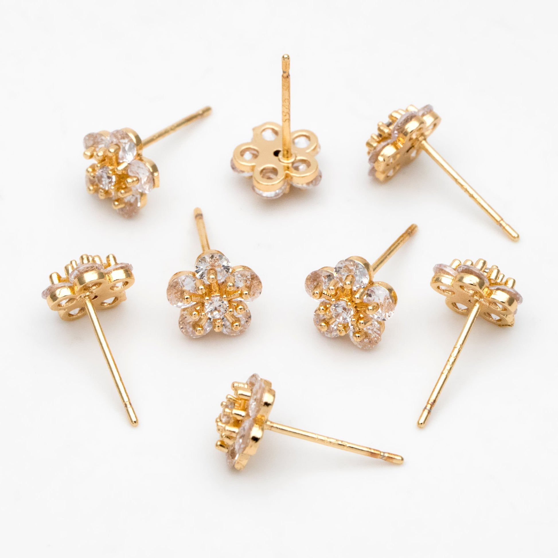 4pcs CZ Pave Gold Flower Ear Posts 8mm, Gold Plated Brass Stud Earrings (GB-3371-D)