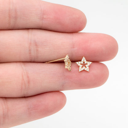 10pcs CZ Pave Star Ear Posts: 18K Gold Plated Brass Stud Earrings, 10mm, (GB-3041-P)