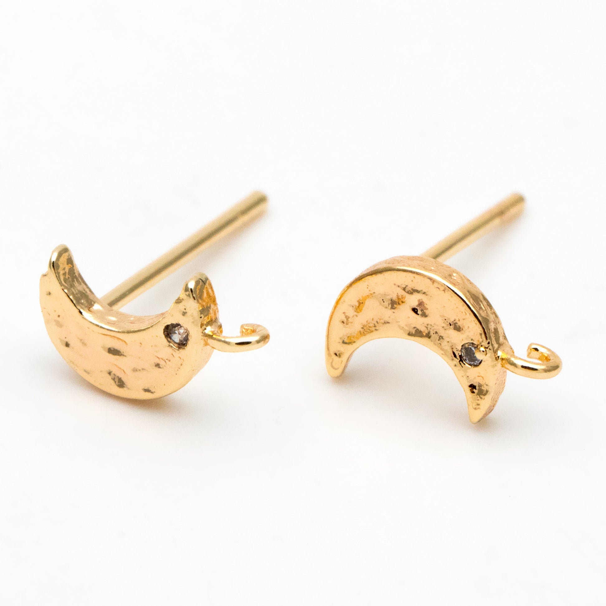 10pcs CZ Paved Moon Earring Post with Loop, 9mm, Real Gold/ Rhodium Plated Brass Stud Earrings (#GB-3206)