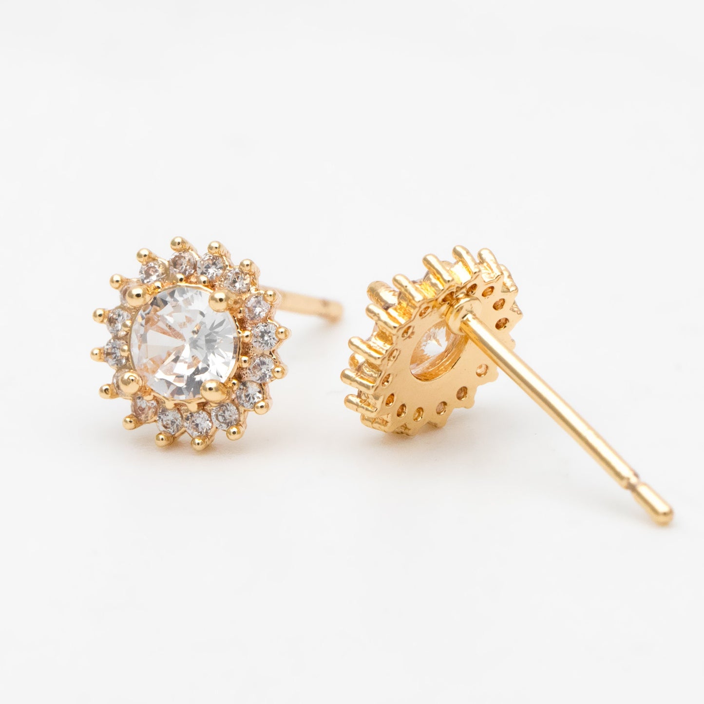 4pcs CZ Pave Gold Flower Ear Posts 8mm, Gold Plated Brass Stud Earrings (#GB-3371)