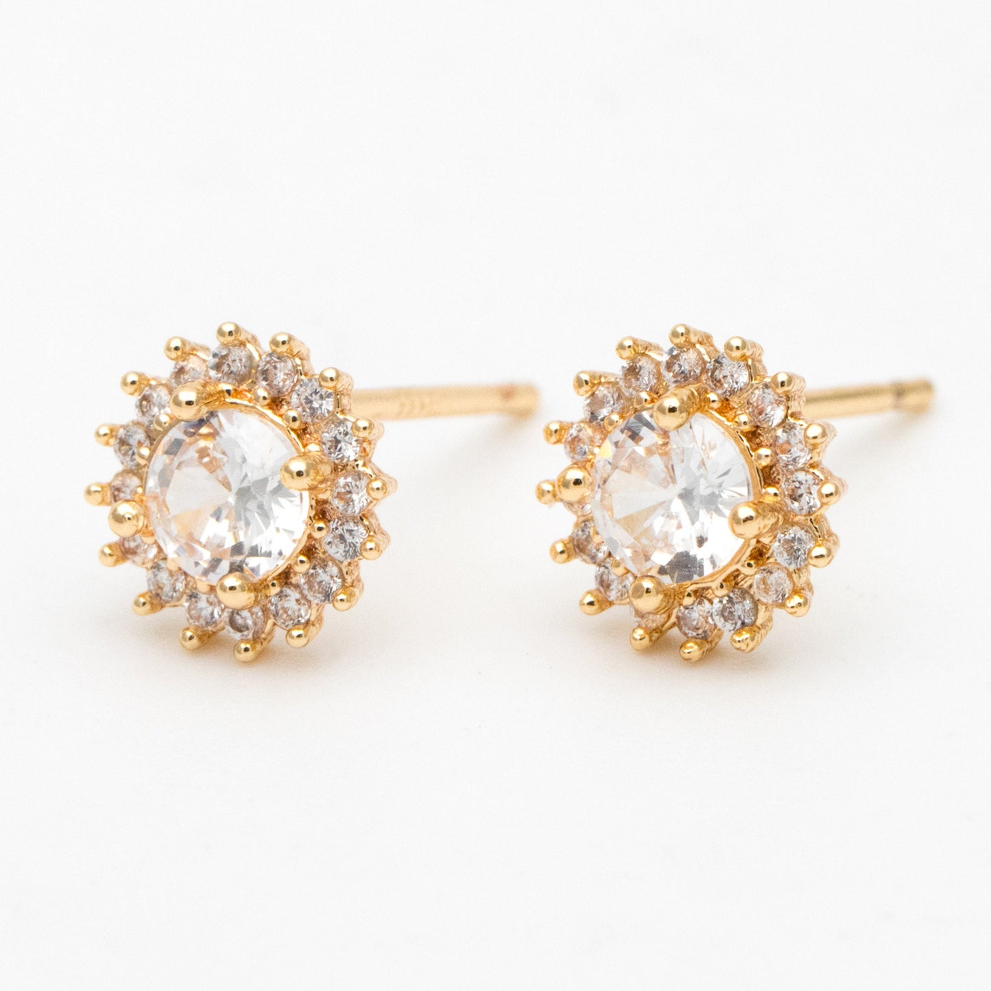 4pcs CZ Pave Gold Flower Ear Posts 8mm, Gold Plated Brass Stud Earrings (#GB-3371)