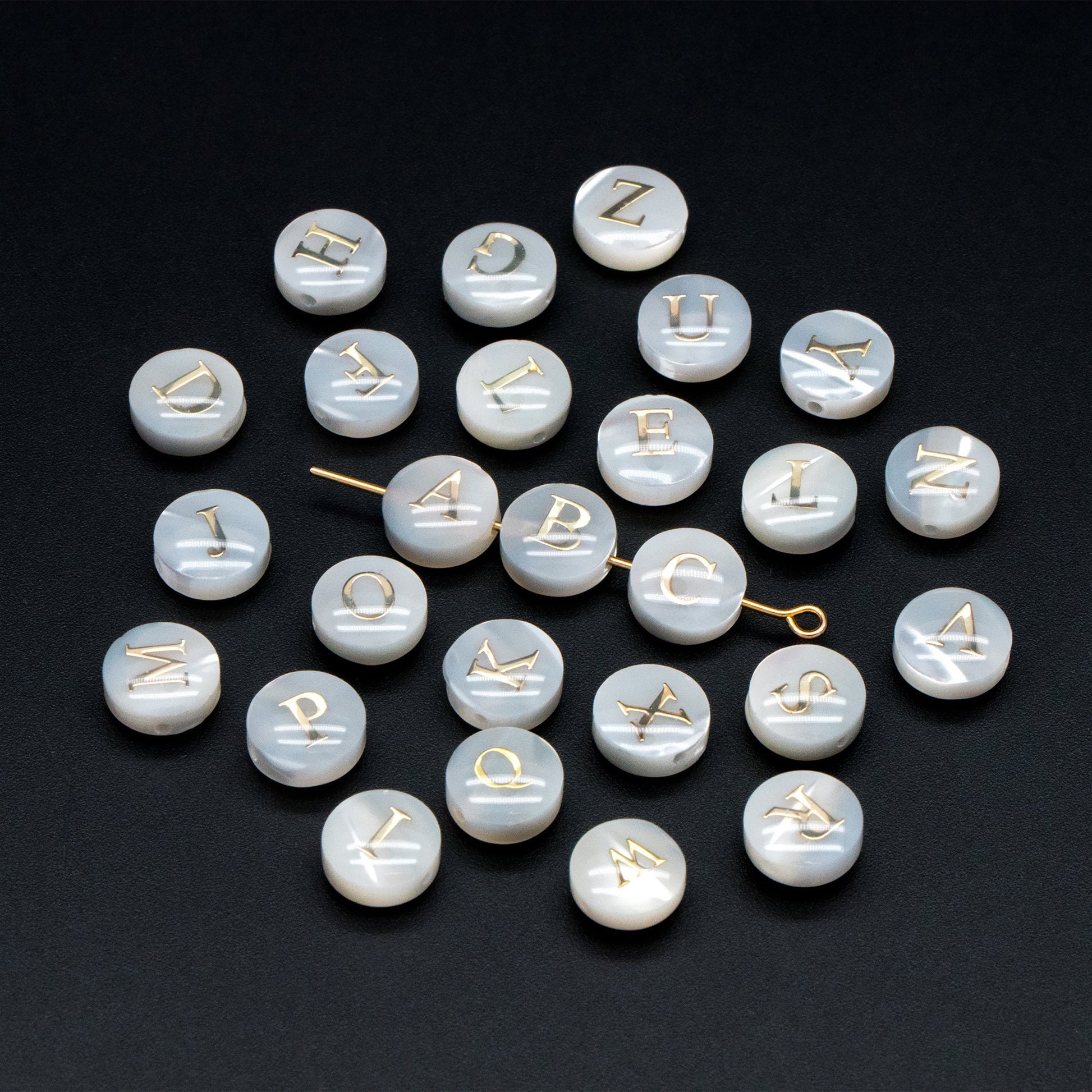 8mm Shell Alphabet Beads, English Letter Beads, Round Coin Letter Charms, Personalized Initial Charms, You Choose Letter (V1404)