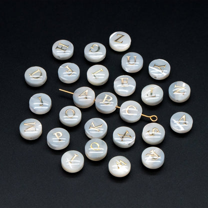 8mm Shell Alphabet Beads, English Letter Beads, Round Coin Letter Charms, Personalized Initial Charms, You Choose Letter (V1404)