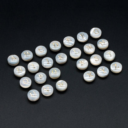 8mm Shell Alphabet Beads, English Letter Beads, Round Coin Letter Charms, Personalized Initial Charms, You Choose Letter (V1404)