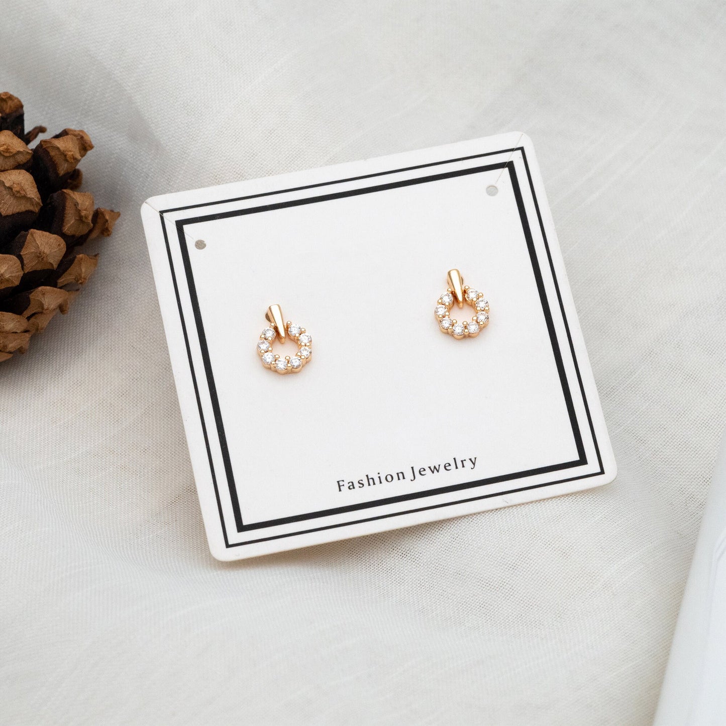 4pcs CZ Pave Round Ear Posts 11x8mm, Gold Plated Brass Circle Stud Earrings (#GB-3445)