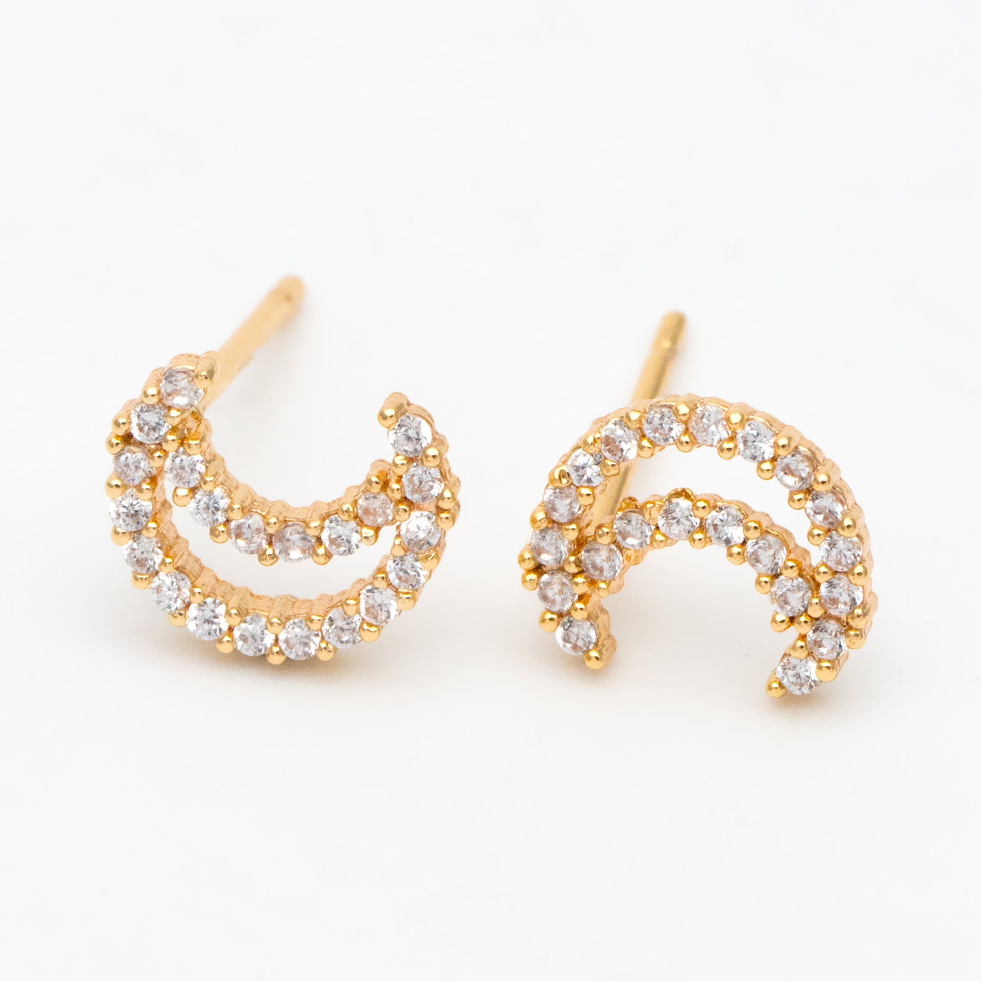 10pcs CZ Pave Moon Ear Posts 9x7mm, Real Gold Plated Brass Stud Earrings (#GB-3041-Q)
