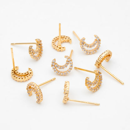 10pcs CZ Pave Moon Ear Posts 9x7mm, Real Gold Plated Brass Stud Earrings (#GB-3041-Q)