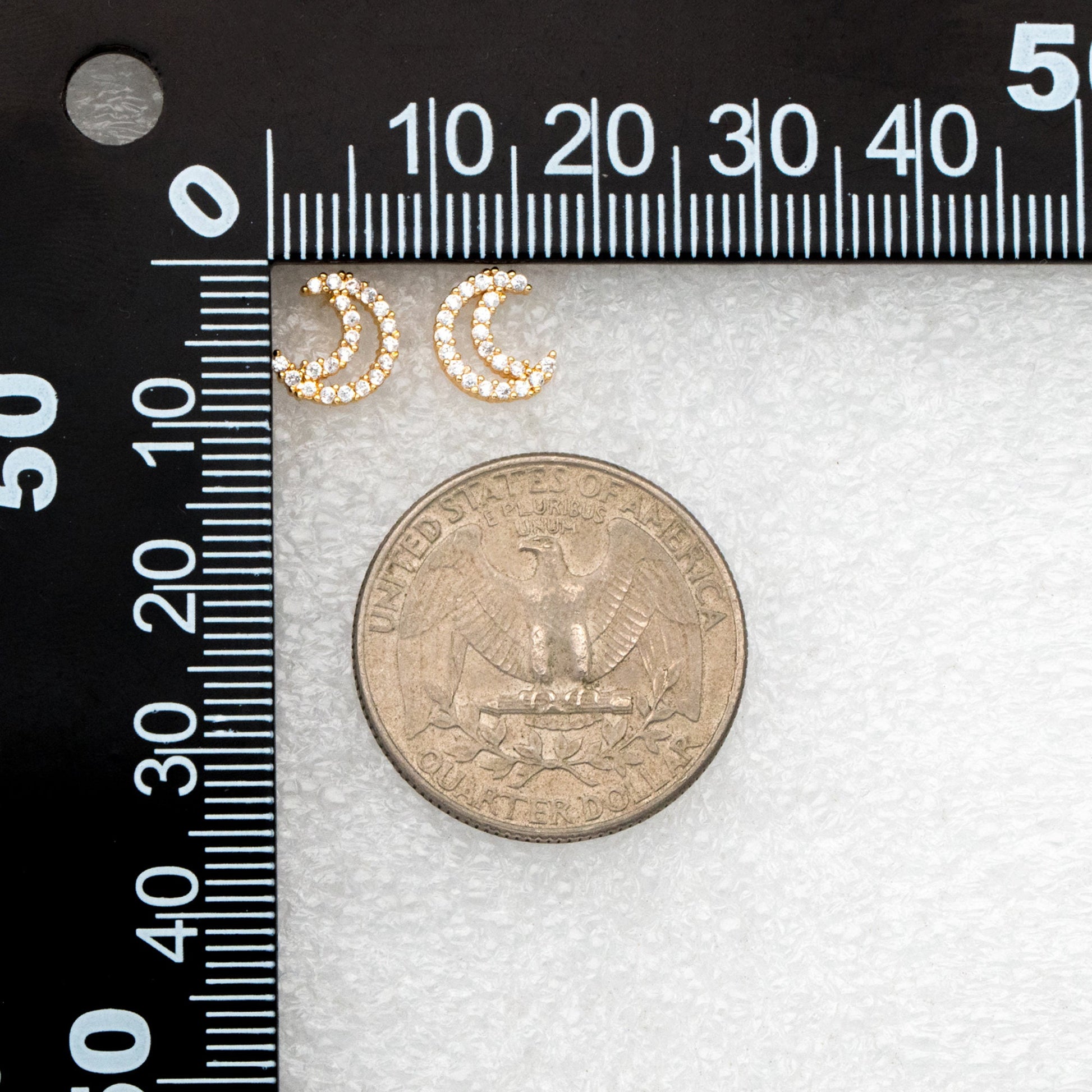 10pcs CZ Pave Moon Ear Posts 9x7mm, Real Gold Plated Brass Stud Earrings (#GB-3041-Q)