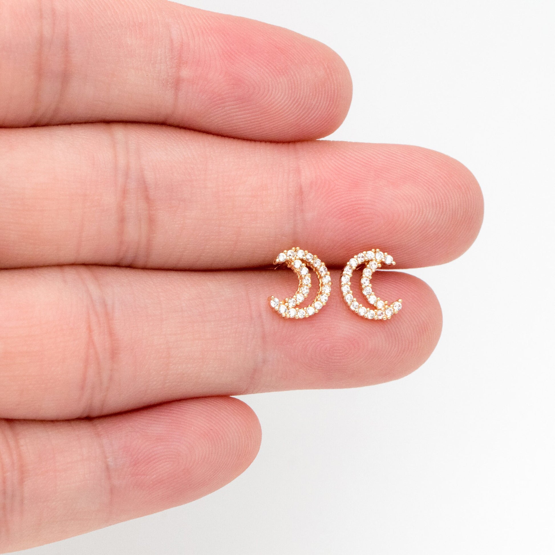 10pcs CZ Pave Moon Ear Posts 9x7mm, Real Gold Plated Brass Stud Earrings (#GB-3041-Q)