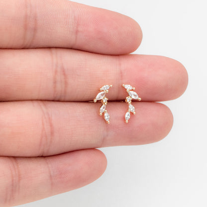 4pcs Leaf Stud Earrings, 18K Gold Plated Brass, CZ Pave Branch Earrings (GB-3369)