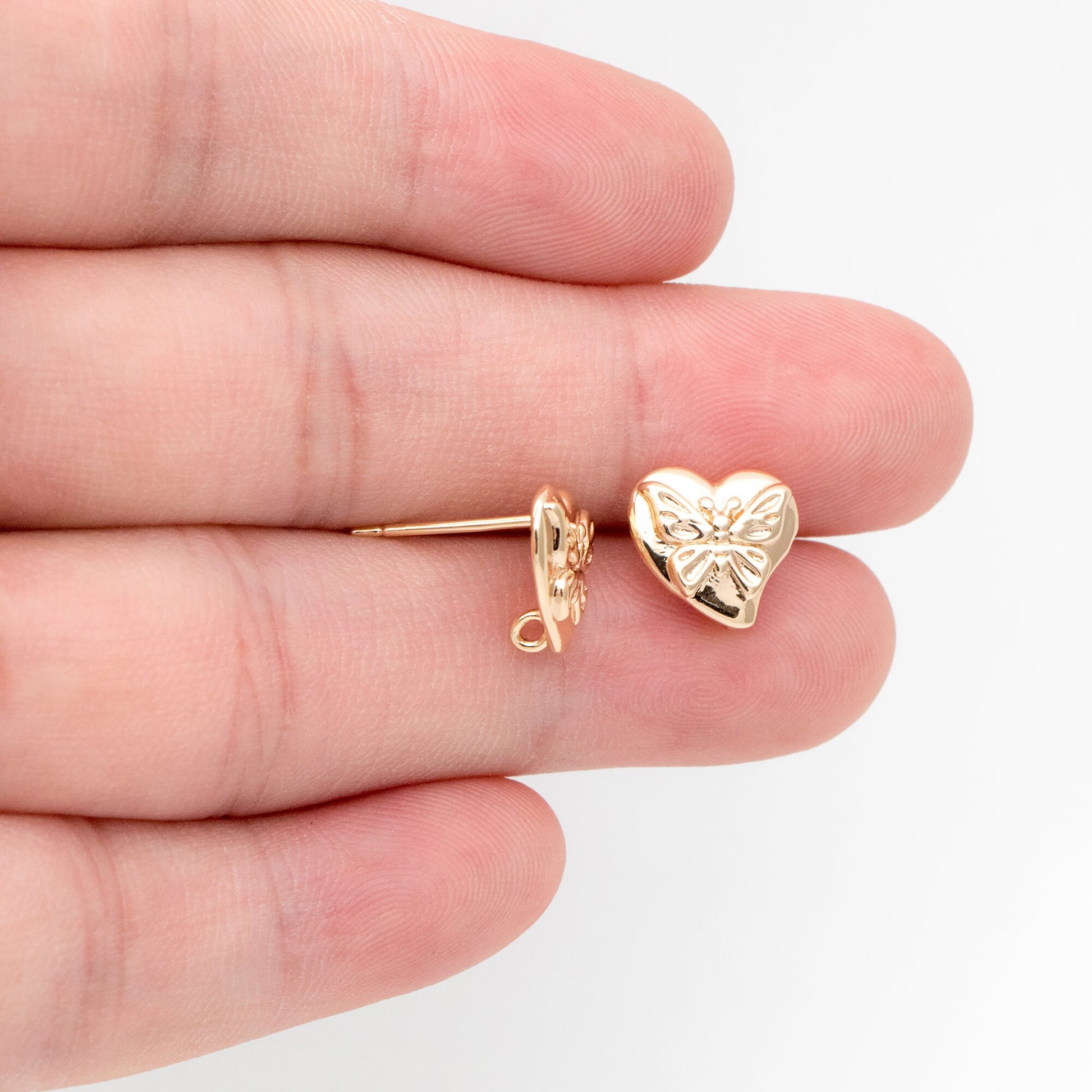 10pcs Gold Butterfly Heart Earring with Loop, Gold Plated Brass Stud Earrings, Jewelry Findings, Wholesale Supplies (GB-3378)