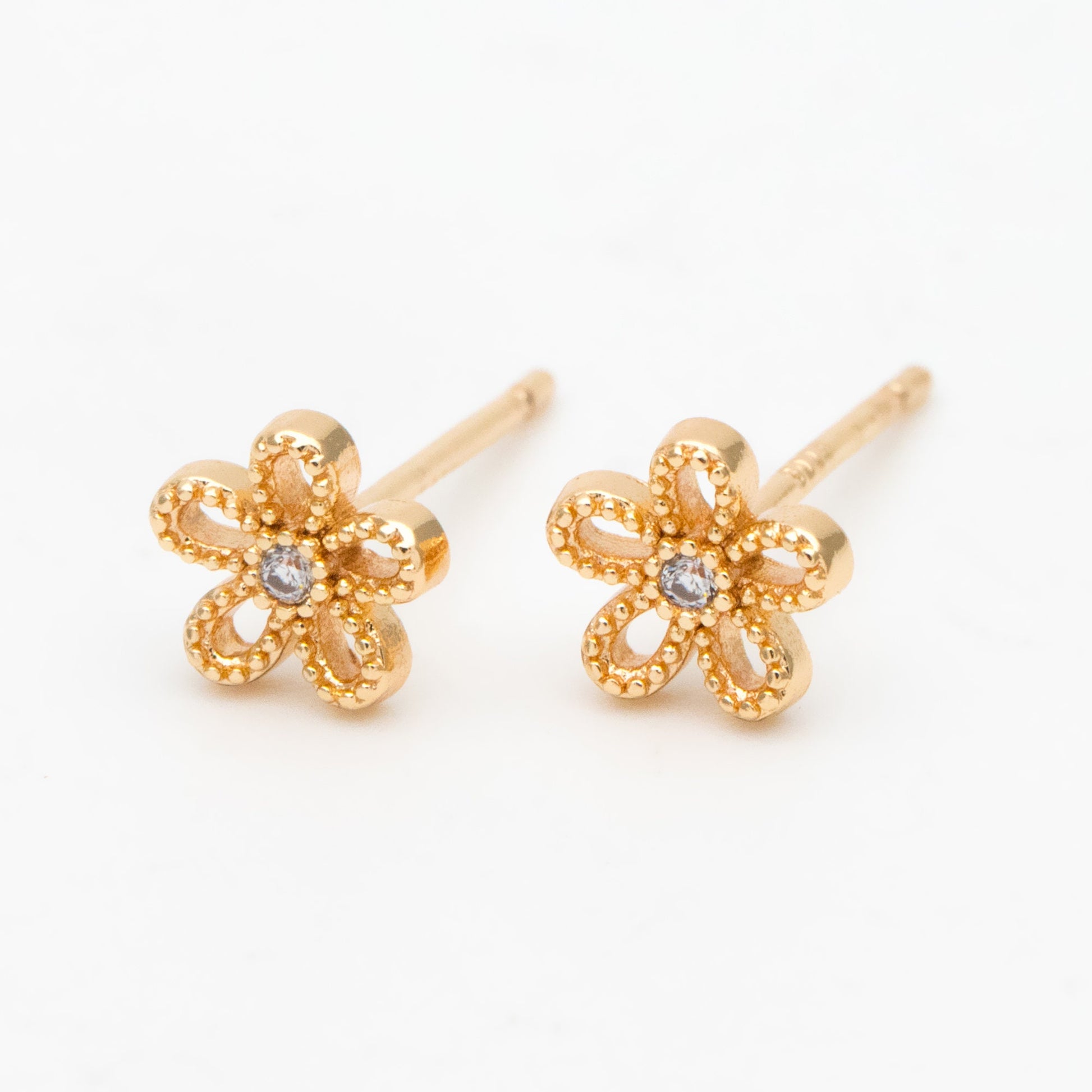 10pcs CZ Pave Gold/ Silver Flower Ear Posts 6mm, Gold/ Rhodium Plated Brass Stud Earrings, DIY Ear Findings (GB-3381)