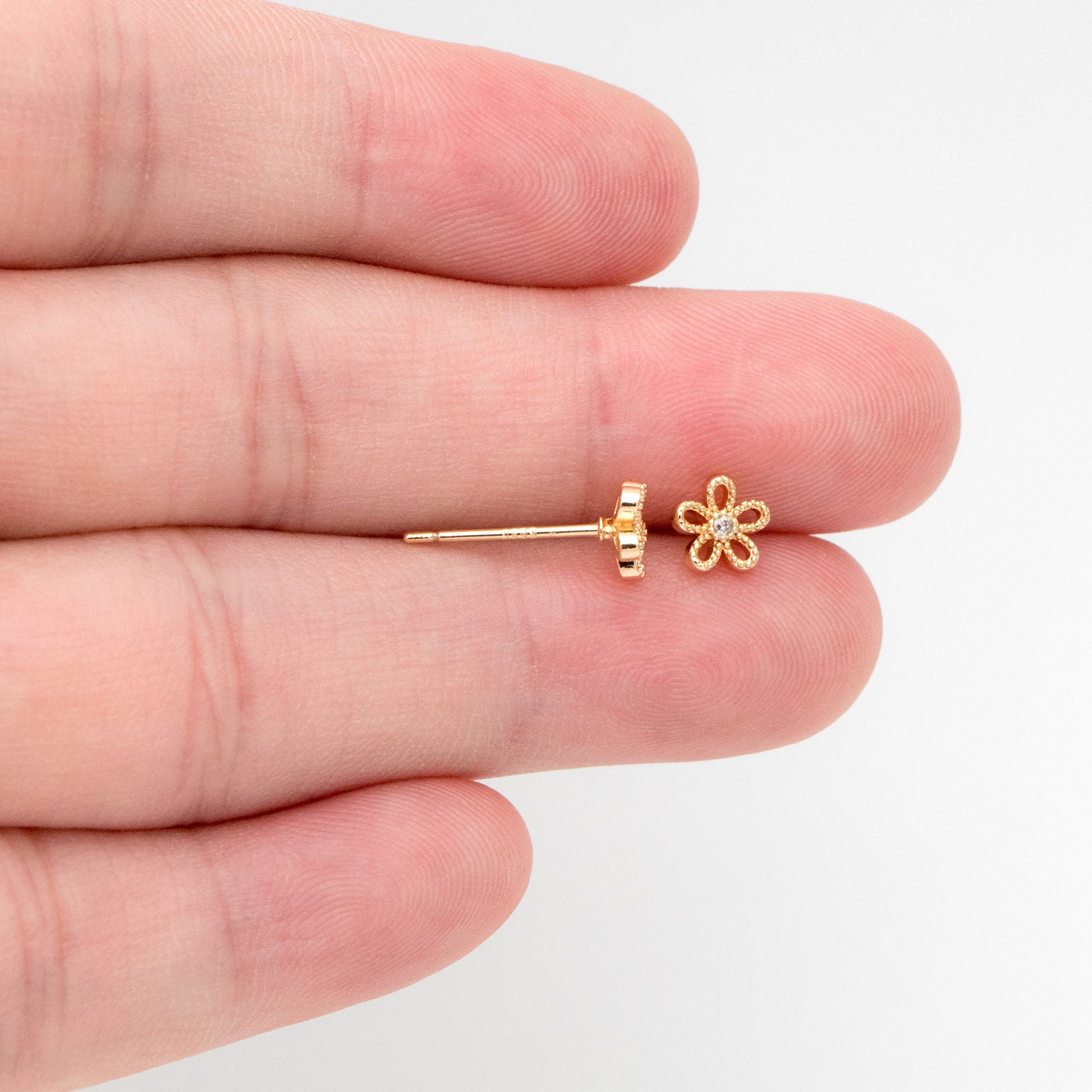 10pcs CZ Pave Gold/ Silver Flower Ear Posts 6mm, Gold/ Rhodium Plated Brass Stud Earrings, DIY Ear Findings (GB-3381)